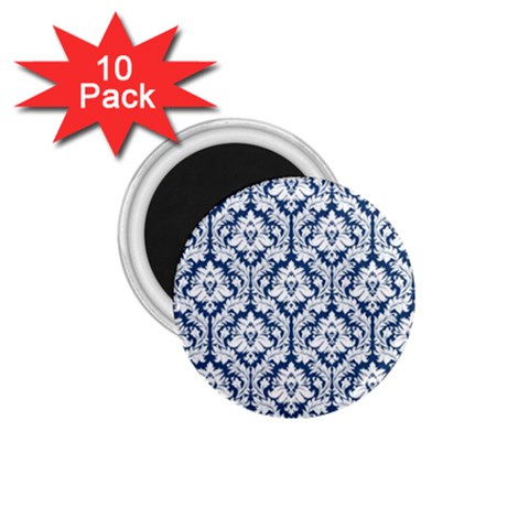 White On Blue Damask 1.75  Button Magnet (10 pack) from ArtsNow.com Front