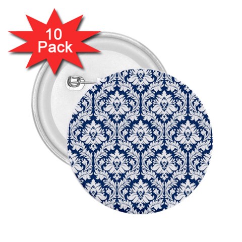 White On Blue Damask 2.25  Button (10 pack) from ArtsNow.com Front