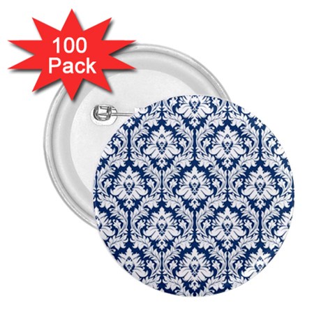 White On Blue Damask 2.25  Button (100 pack) from ArtsNow.com Front