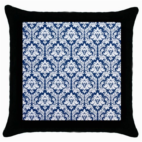 White On Blue Damask Black Throw Pillow Case from ArtsNow.com Front