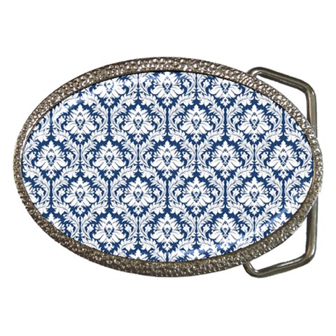 White On Blue Damask Belt Buckle (Oval) from ArtsNow.com Front