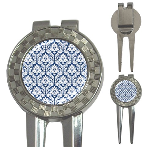 White On Blue Damask Golf Pitchfork & Ball Marker from ArtsNow.com Front