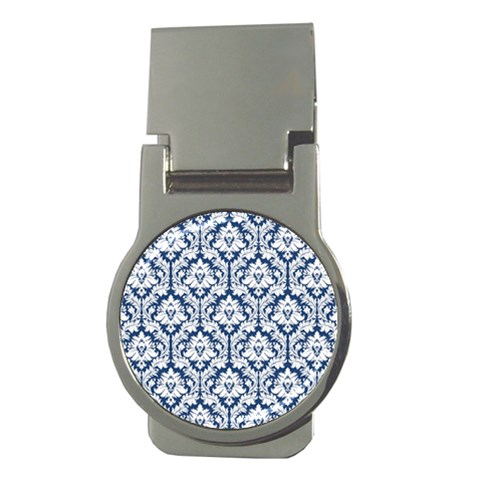 White On Blue Damask Money Clip (Round) from ArtsNow.com Front