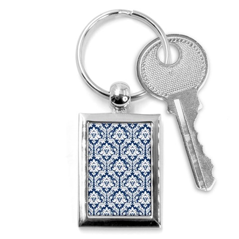 White On Blue Damask Key Chain (Rectangle) from ArtsNow.com Front