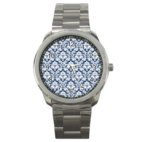 White On Blue Damask Sport Metal Watch from ArtsNow.com Front