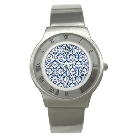 White On Blue Damask Stainless Steel Watch (Slim) from ArtsNow.com Front