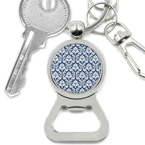 White On Blue Damask Bottle Opener Key Chain from ArtsNow.com Front