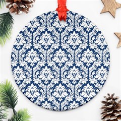 White On Blue Damask Round Ornament (Two Sides) from ArtsNow.com Front