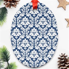 White On Blue Damask Oval Ornament (Two Sides) from ArtsNow.com Front