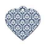 White On Blue Damask Dog Tag Heart (Two Sided)