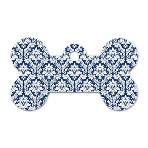 White On Blue Damask Dog Tag Bone (Two Sided) from ArtsNow.com Front