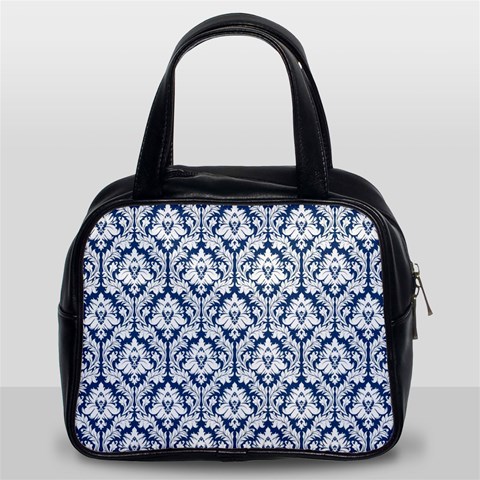 Navy Blue Damask Pattern Classic Handbag (Two Sides) from ArtsNow.com Front