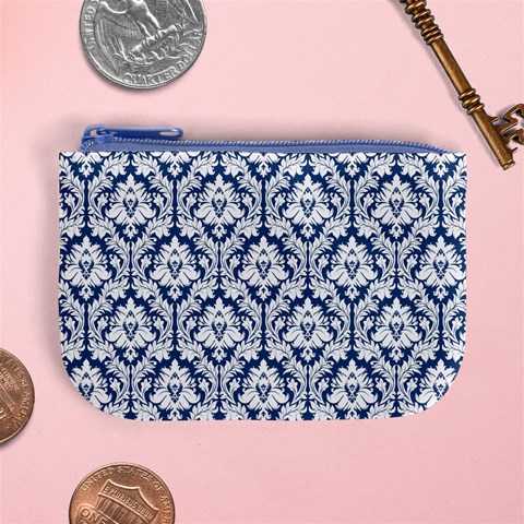 Navy Blue Damask Pattern Mini Coin Purse from ArtsNow.com Front