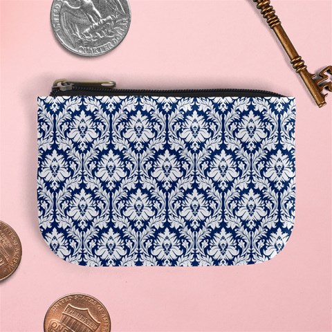 Navy Blue Damask Pattern Mini Coin Purse from ArtsNow.com Front