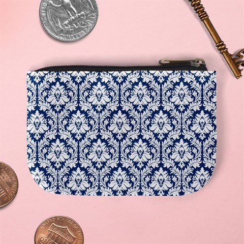 Navy Blue Damask Pattern Mini Coin Purse from ArtsNow.com Back