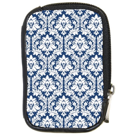 White On Blue Damask Compact Camera Leather Case from ArtsNow.com Front