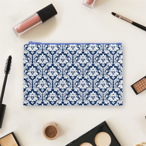 Navy Blue Damask Pattern Cosmetic Bag (Medium) from ArtsNow.com Front