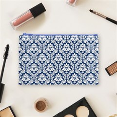 Navy Blue Damask Pattern Cosmetic Bag (Medium) from ArtsNow.com Front