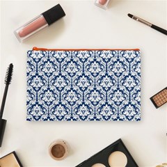 Navy Blue Damask Pattern Cosmetic Bag (Medium) from ArtsNow.com Front