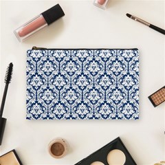 Navy Blue Damask Pattern Cosmetic Bag (Medium) from ArtsNow.com Front