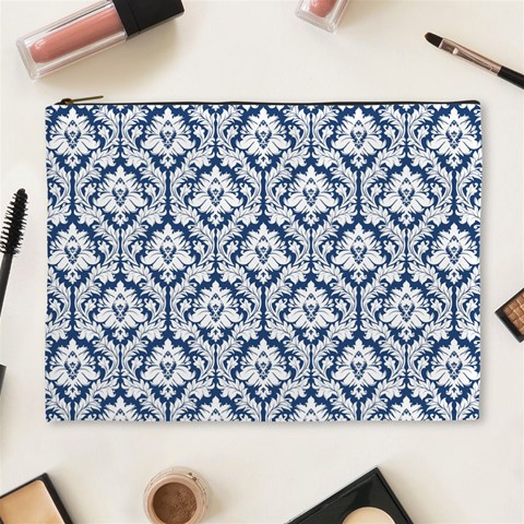 Navy Blue Damask Pattern Cosmetic Bag (XL) from ArtsNow.com Front