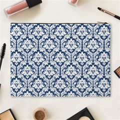 Navy Blue Damask Pattern Cosmetic Bag (XL) from ArtsNow.com Back