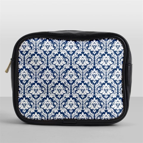 Navy Blue Damask Pattern Mini Toiletries Bag (One Side) from ArtsNow.com Front