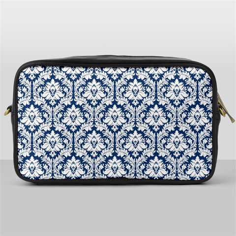 White On Blue Damask Travel Toiletry Bag (One Side) from ArtsNow.com Front