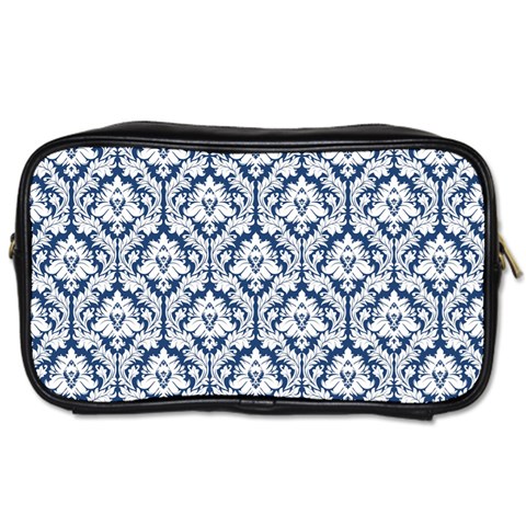 Navy Blue Damask Pattern Toiletries Bag (Two Sides) from ArtsNow.com Front