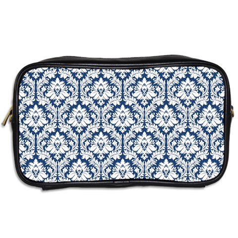 Navy Blue Damask Pattern Toiletries Bag (Two Sides) from ArtsNow.com Back