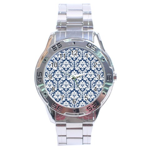 White On Blue Damask Stainless Steel Watch from ArtsNow.com Front