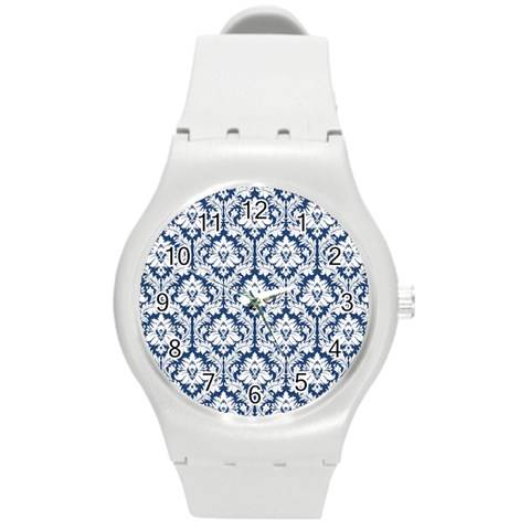 White On Blue Damask Plastic Sport Watch (Medium) from ArtsNow.com Front