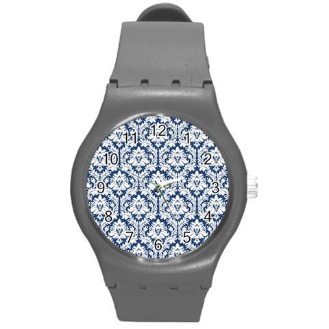 White On Blue Damask Plastic Sport Watch (Medium) from ArtsNow.com Front