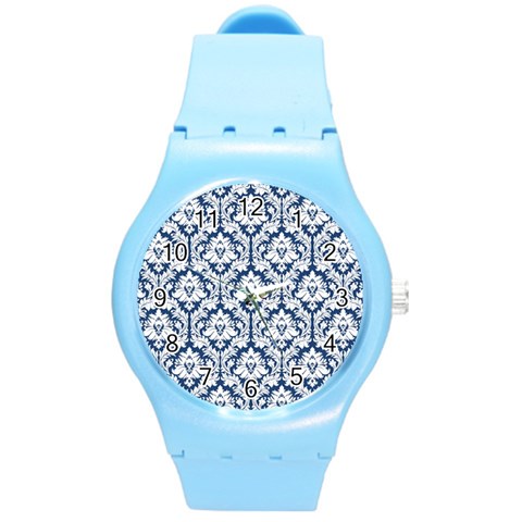 White On Blue Damask Plastic Sport Watch (Medium) from ArtsNow.com Front