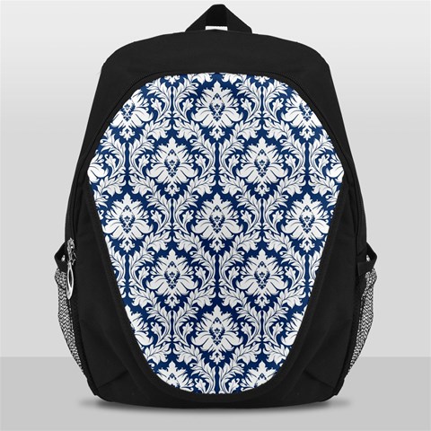 White On Blue Damask Backpack Bag from ArtsNow.com Front