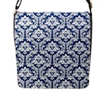 Navy Blue Damask Pattern Flap Closure Messenger Bag (L)