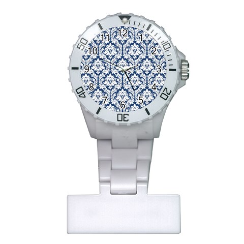 White On Blue Damask Nurses Watch from ArtsNow.com Front