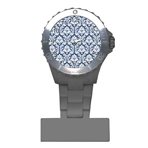 White On Blue Damask Nurses Watch from ArtsNow.com Front