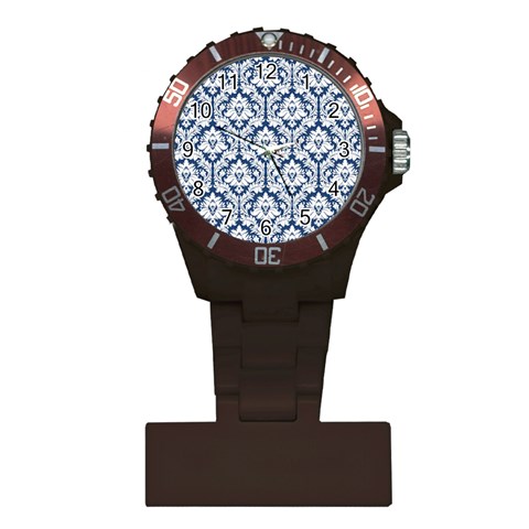 White On Blue Damask Nurses Watch from ArtsNow.com Front