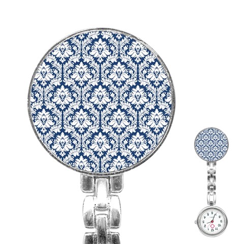 White On Blue Damask Stainless Steel Nurses Watch from ArtsNow.com Front