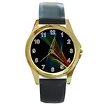 Abstract Rainbow Lily, Colorful Mystical Flower  Round Leather Watch (Gold Rim) 