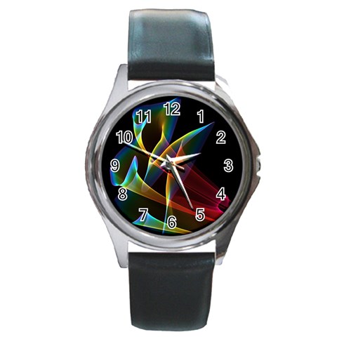 Peacock Symphony, Abstract Rainbow Music Round Leather Watch (Silver Rim) from ArtsNow.com Front