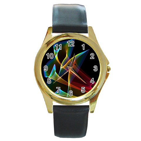 Peacock Symphony, Abstract Rainbow Music Round Leather Watch (Gold Rim)  from ArtsNow.com Front