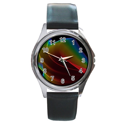 Liquid Rainbow, Abstract Wave Of Cosmic Energy  Round Leather Watch (Silver Rim) from ArtsNow.com Front