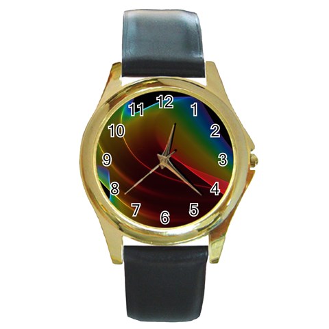 Liquid Rainbow, Abstract Wave Of Cosmic Energy  Round Leather Watch (Gold Rim)  from ArtsNow.com Front