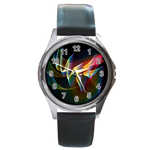 Northern Lights, Abstract Rainbow Aurora Round Leather Watch (Silver Rim) from ArtsNow.com Front