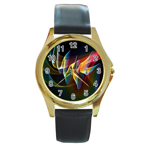 Northern Lights, Abstract Rainbow Aurora Round Leather Watch (Gold Rim)  from ArtsNow.com Front