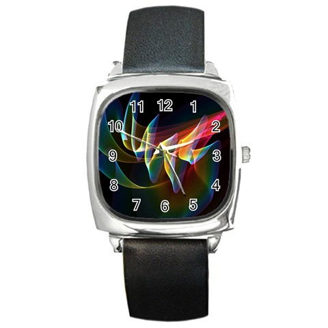 Northern Lights, Abstract Rainbow Aurora Square Leather Watch from ArtsNow.com Front