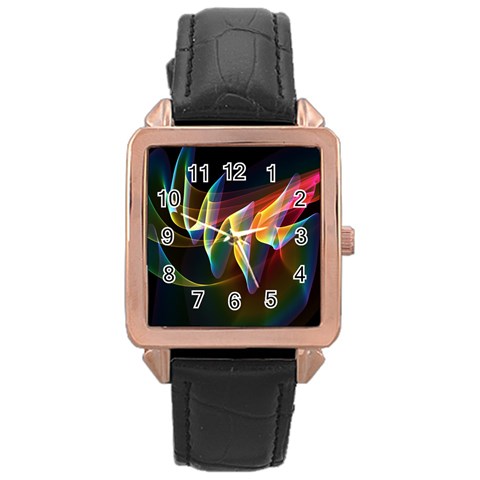 Northern Lights, Abstract Rainbow Aurora Rose Gold Leather Watch  from ArtsNow.com Front