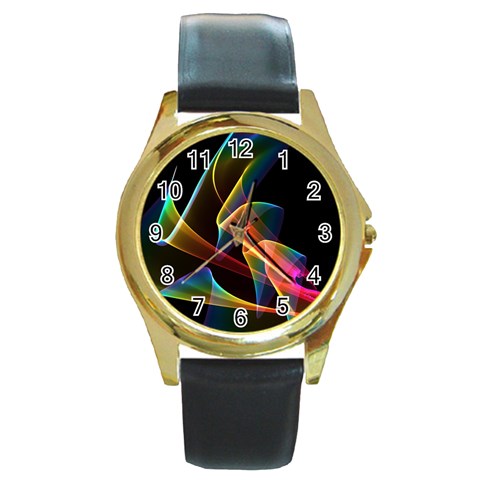 Crystal Rainbow, Abstract Winds Of Love  Round Leather Watch (Gold Rim)  from ArtsNow.com Front